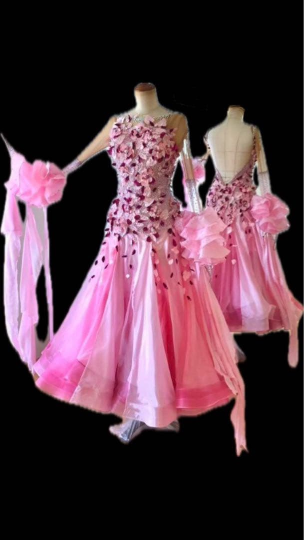 社交ダンスドレス 長袖 スタンダード ピンク フラワー装飾