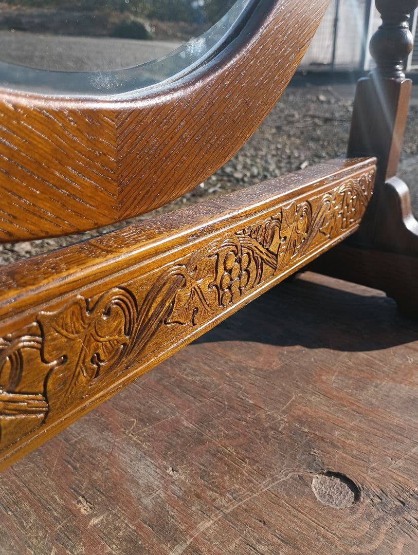 ヴィンテージ　イギリス　姿見　大型　オーバル　手彫り　オーク　スタンド　ミラー