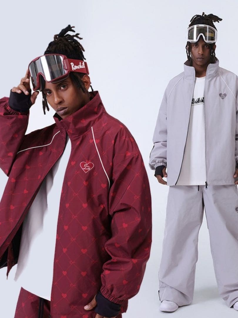 新品 男女兼用　スノーボードウェア 上下セット 朱色 スーツ 防水