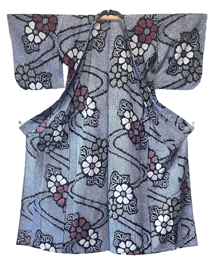 □夏涼浴衣　有松総絞り　花柄　藍色　身丈約160cm