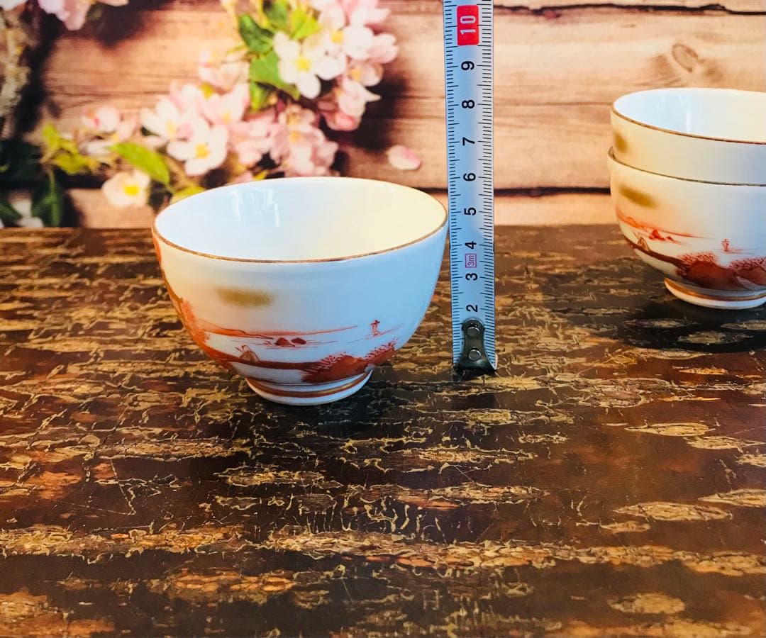 稀少 時代古物 古九谷 赤絵 金彩山水閣楼紋 煎茶器 急須/煎茶碗/湯冷 5点