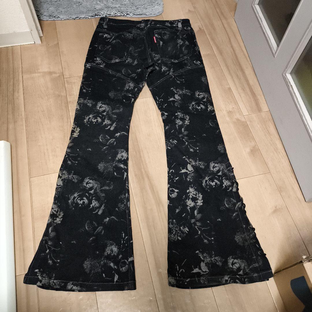 TORNADO MART ローズプリント フレアパンツ レースアップ Y2K