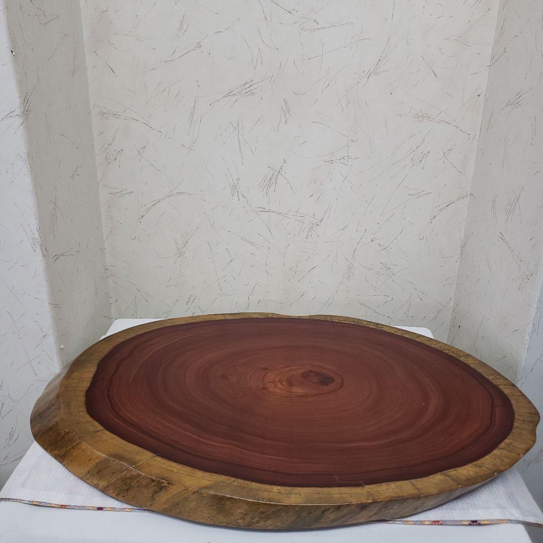 蔵出し特価紫檀製無垢はす切り花台　円形テーブル 赤褐色 大きめ５５×３６×３cm