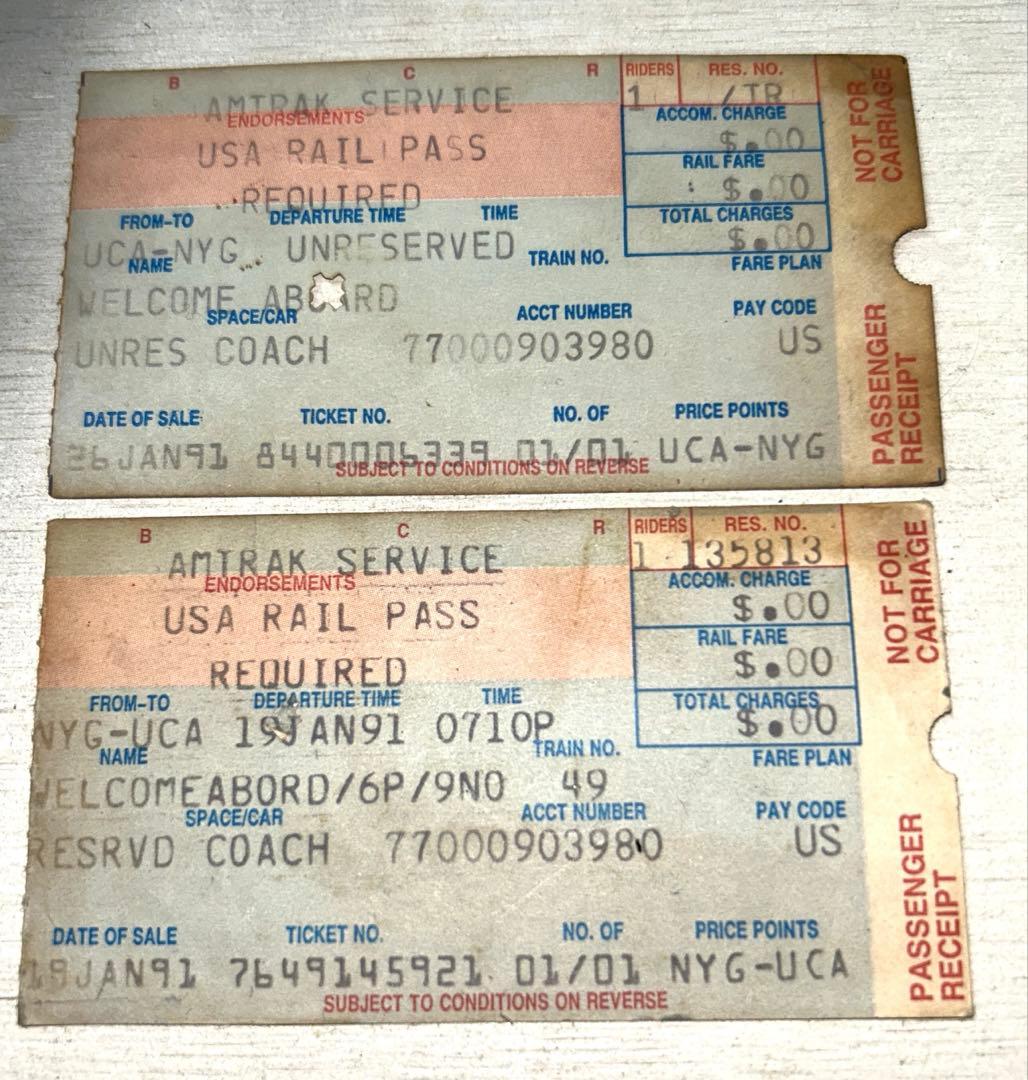 ビンテージAmtrak NYG ↔︎UCA往復切符1991.JAN.26 使用済み