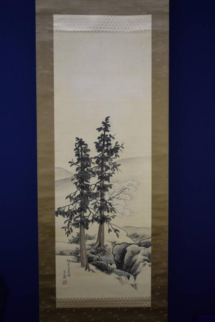 真作/前川文嶺/桜花山水図/絹表装/布袋屋掛軸HG-487