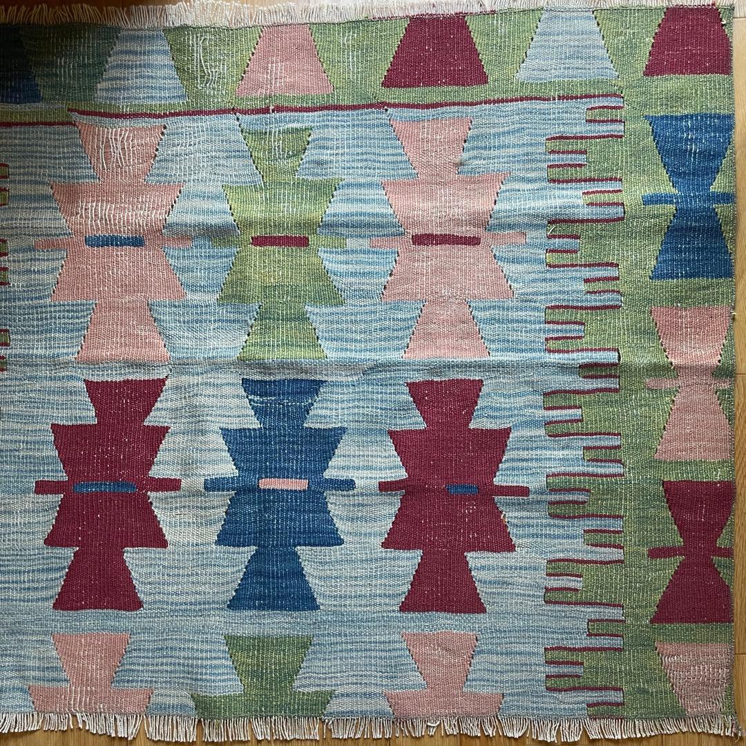 109×85㎝◇トルコヴィンテージキリムラグ◇ブルーベース　カラフル1188