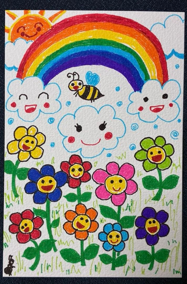 手書きアート　カラフルな花と虹の絵