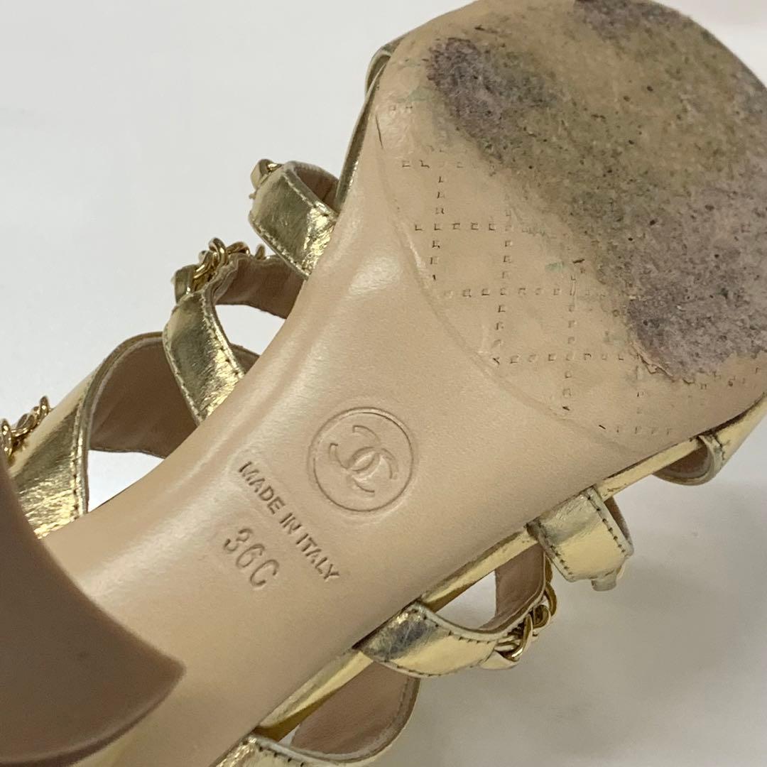 シャネル ココマーク レザー チェーン サンダル ゴールド