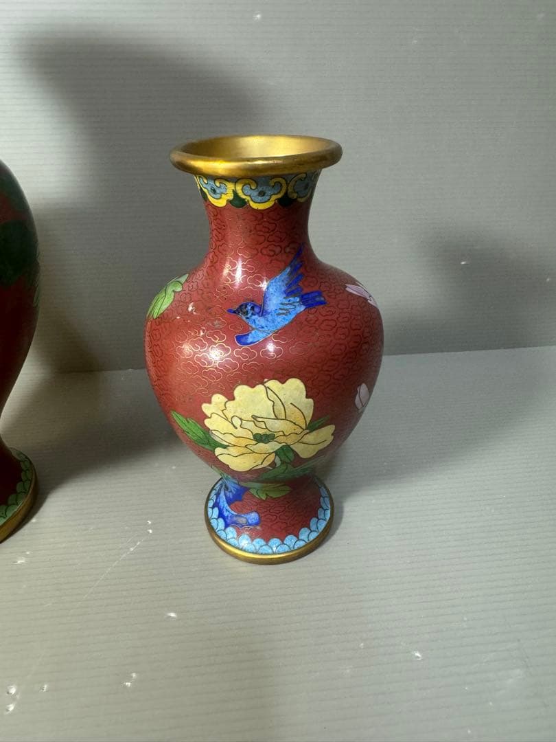 2492 七宝焼　景泰藍　琺瑯　花瓶　2客