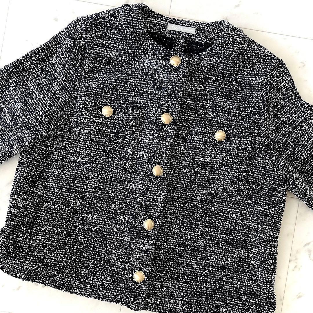 美品 ダーマコレクション 大きいサイズ ツイード ニットカーディガン 金ボタン