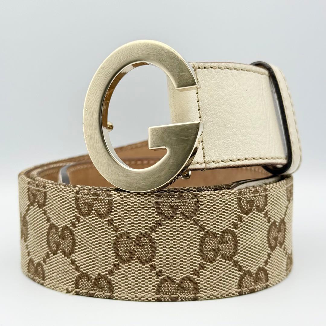 ✨良品✨グッチ GG柄 ベルト キャンバス レザー ゴールド金具 ユニセックス
