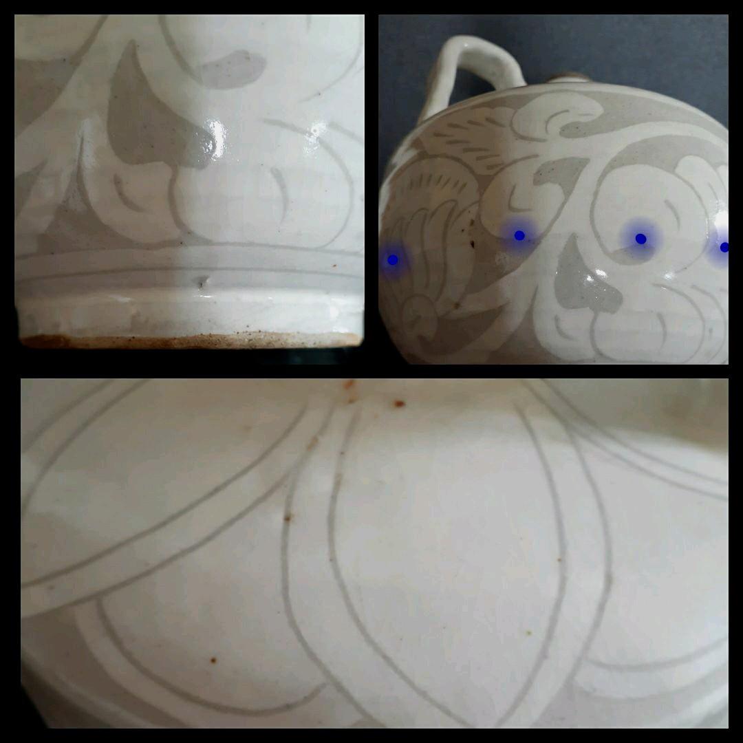 中国古美術　中国古陶磁器　古玩　磁州窯　白釉刻花　掻落し技法　唐草文様　水注