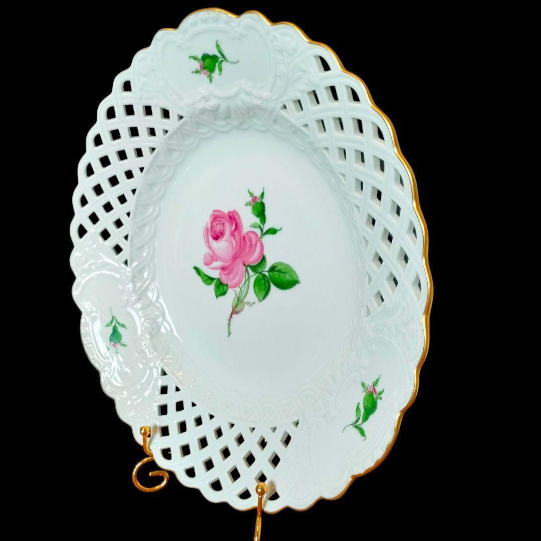 マイセン MEISSEN ピンクローズ オープンワーク 透かしプレート 1級品