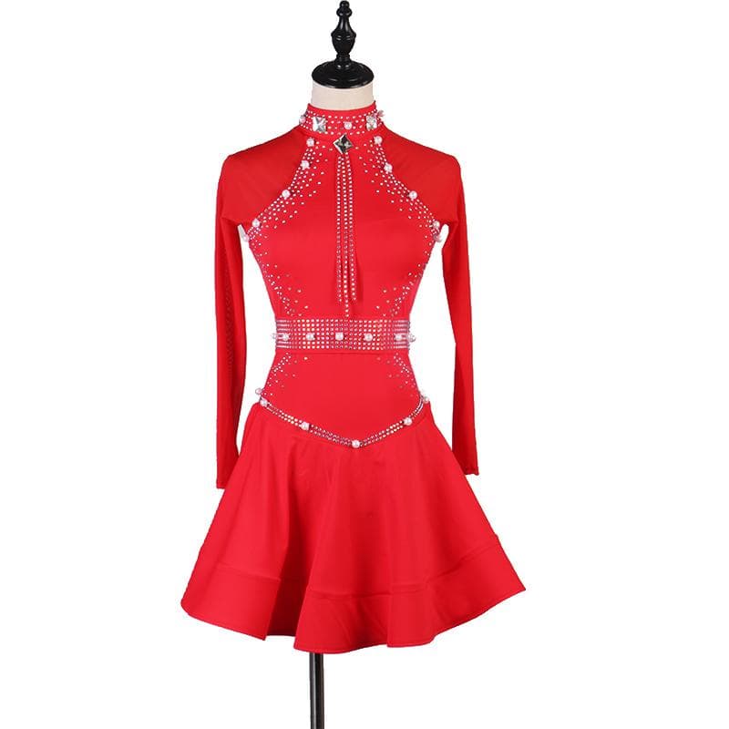 青い長袖ビジュー付きダンスドレス