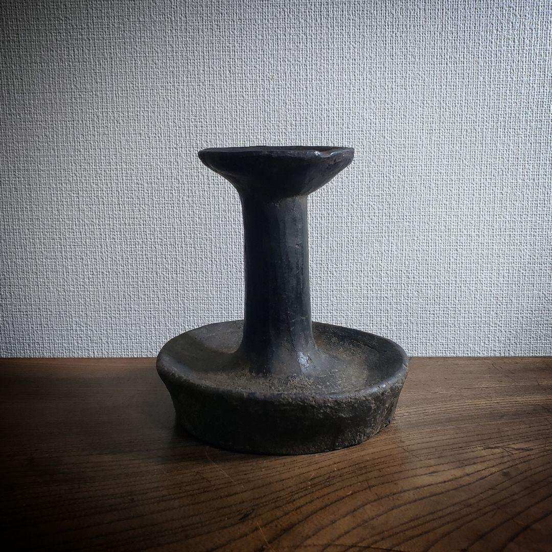 灯明台　灯火台　蝋燭台　古道具　黒　灯明皿　陶器　日本灯明皿　江戸　欠け