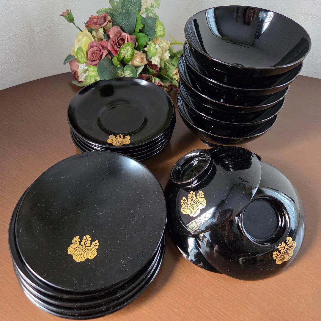 ☆家紋五三桐 輪島塗り 蓋付き椀と銘々皿と茶托の各5個セット☆