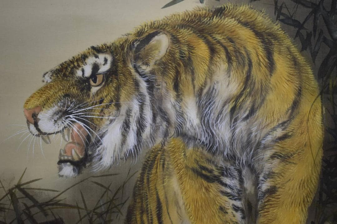 真作/柳石/月下猛虎図/布袋屋掛軸HG-834