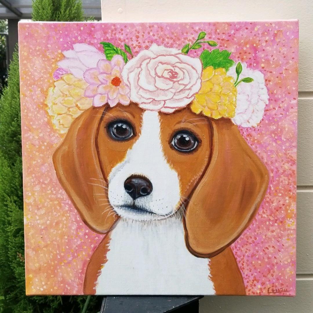 油絵　専用 花冠のかわいいビーグル犬