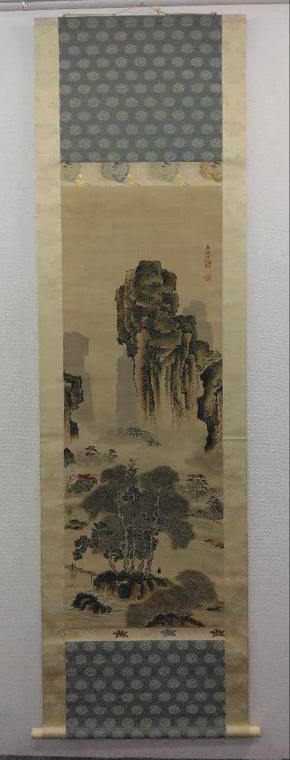 立原杏所【青緑山水図】絹本　掛軸・識箱／2重箱　(江戸時代・水戸藩士・徳川斉昭)