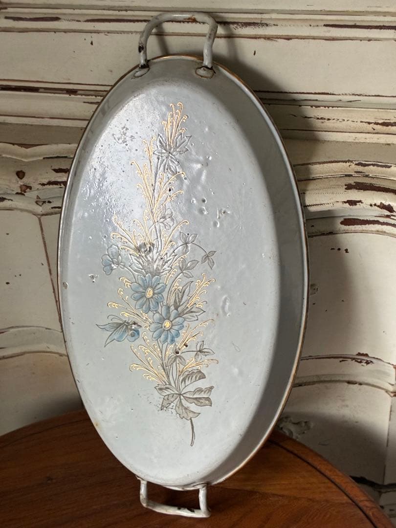 マンズアンティーク　ホーロー プレート　オーバル　お皿　トレイ手書き　レア