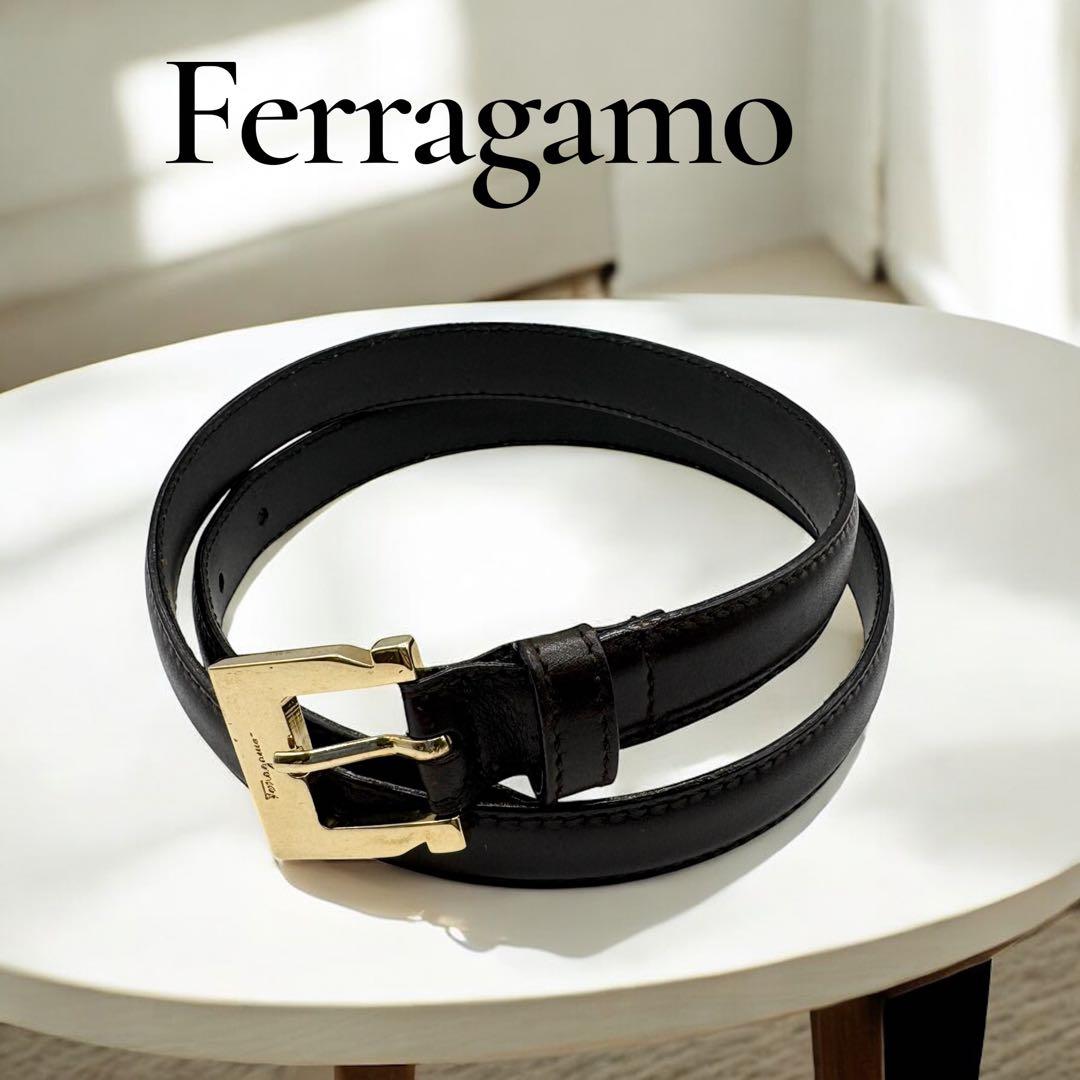 カニカマ Ferragamo ベルト ゴールドバックル レザー 黒 美品