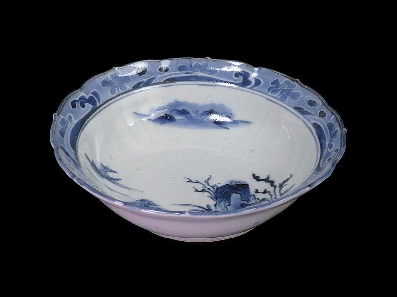 古伊万里　染付　墨弾　桜花に波　楼閣山水図　膾皿　５客　A634AS-CVz