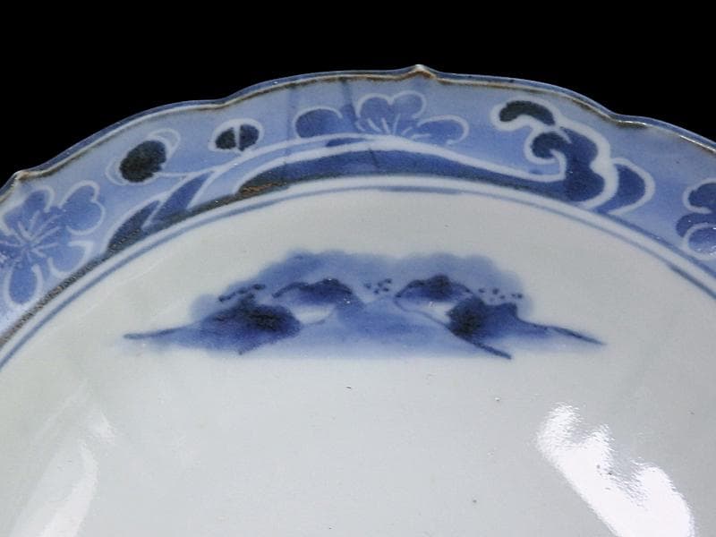古伊万里　染付　墨弾　桜花に波　楼閣山水図　膾皿　５客　A634AS-CVz