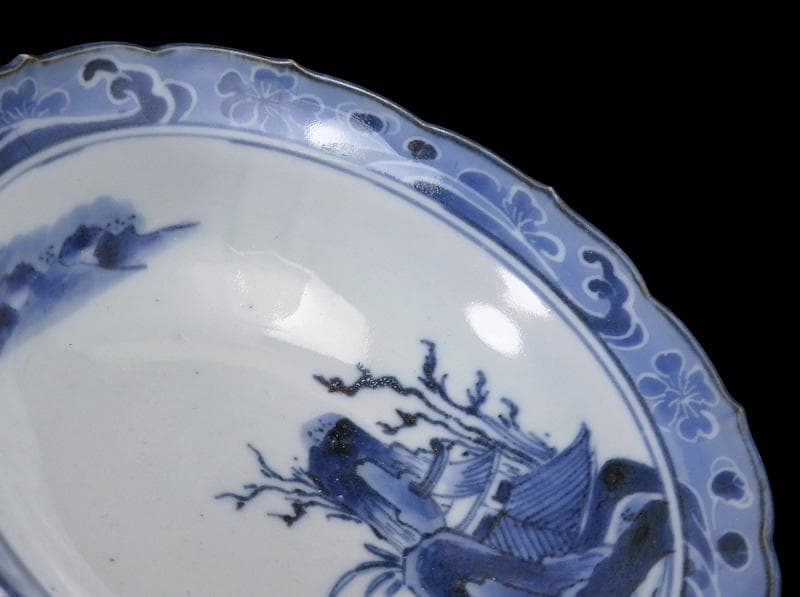 古伊万里　染付　墨弾　桜花に波　楼閣山水図　膾皿　５客　A634AS-CVz