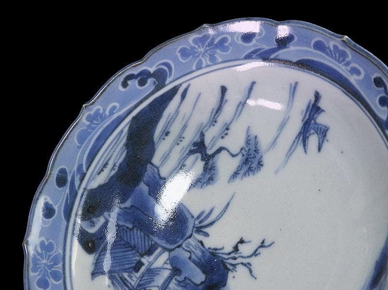 古伊万里　染付　墨弾　桜花に波　楼閣山水図　膾皿　５客　A634AS-CVz