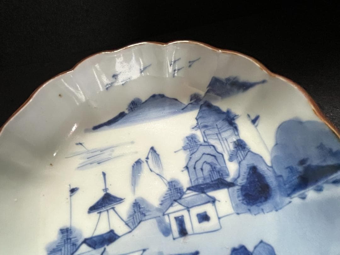 古伊万里　輪花　高台　なます皿　染付　山水　家屋　７客