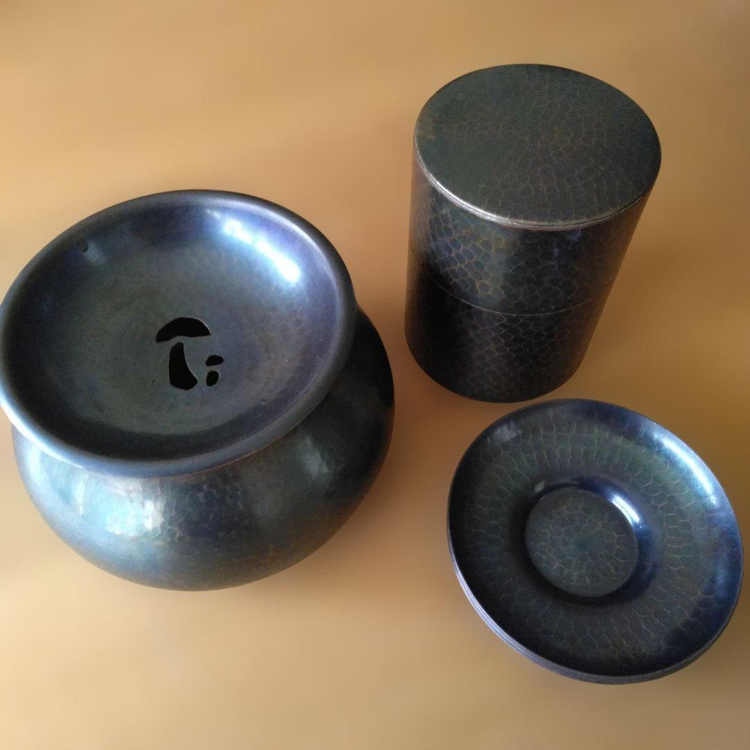 玉川堂　 銅製品　打ち出し　　 茶たく5枚　茶こぼし　茶筒