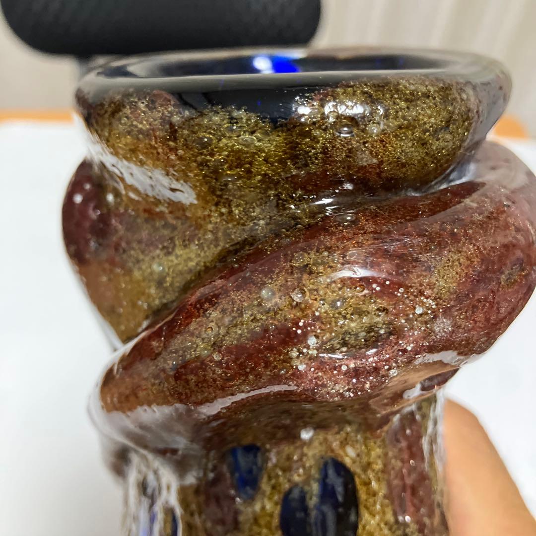 沖縄　琉球ガラス　【故】稲嶺盛吉作　花瓶　宙吹ガラス工房虹　現代の名工