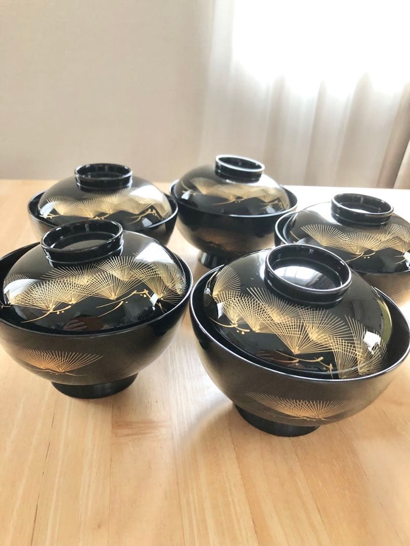 【輪島塗】【希少】木製漆器 吸物椀 蓋付き（見開きまで模様付き）5客セット