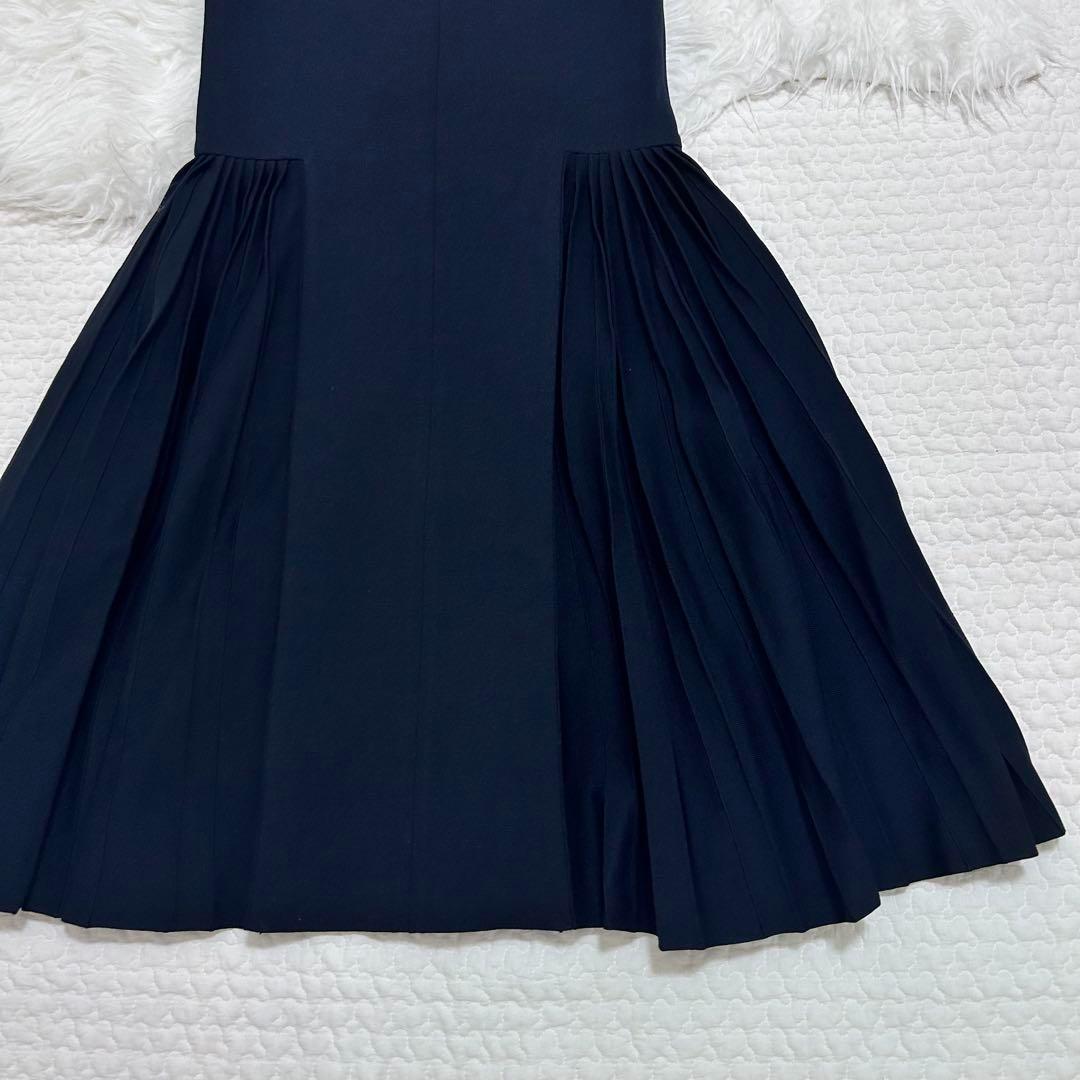 美品♡FOXEY サイドプリーツニットワンピース　フレア　38 ダークネイビー