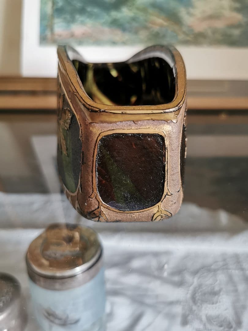 アンティーク ドームナンシー 透明緑ボルドー赤ガラス 葡萄紋金彩装飾器スタンド