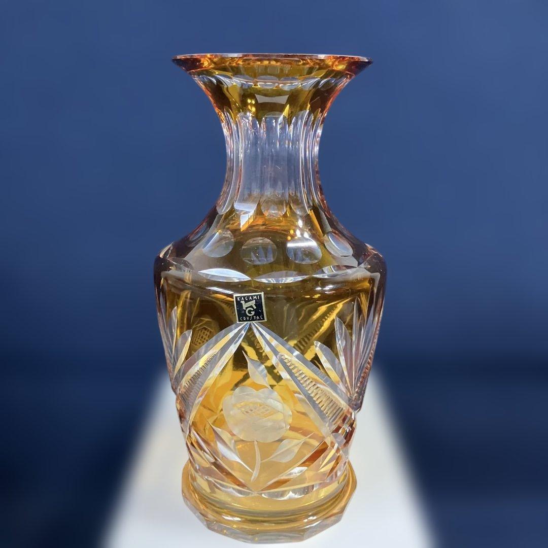 各務クリスタル　「琥珀色の花瓶」色被せ硝子　クリスタル琥珀の煌シリーズ