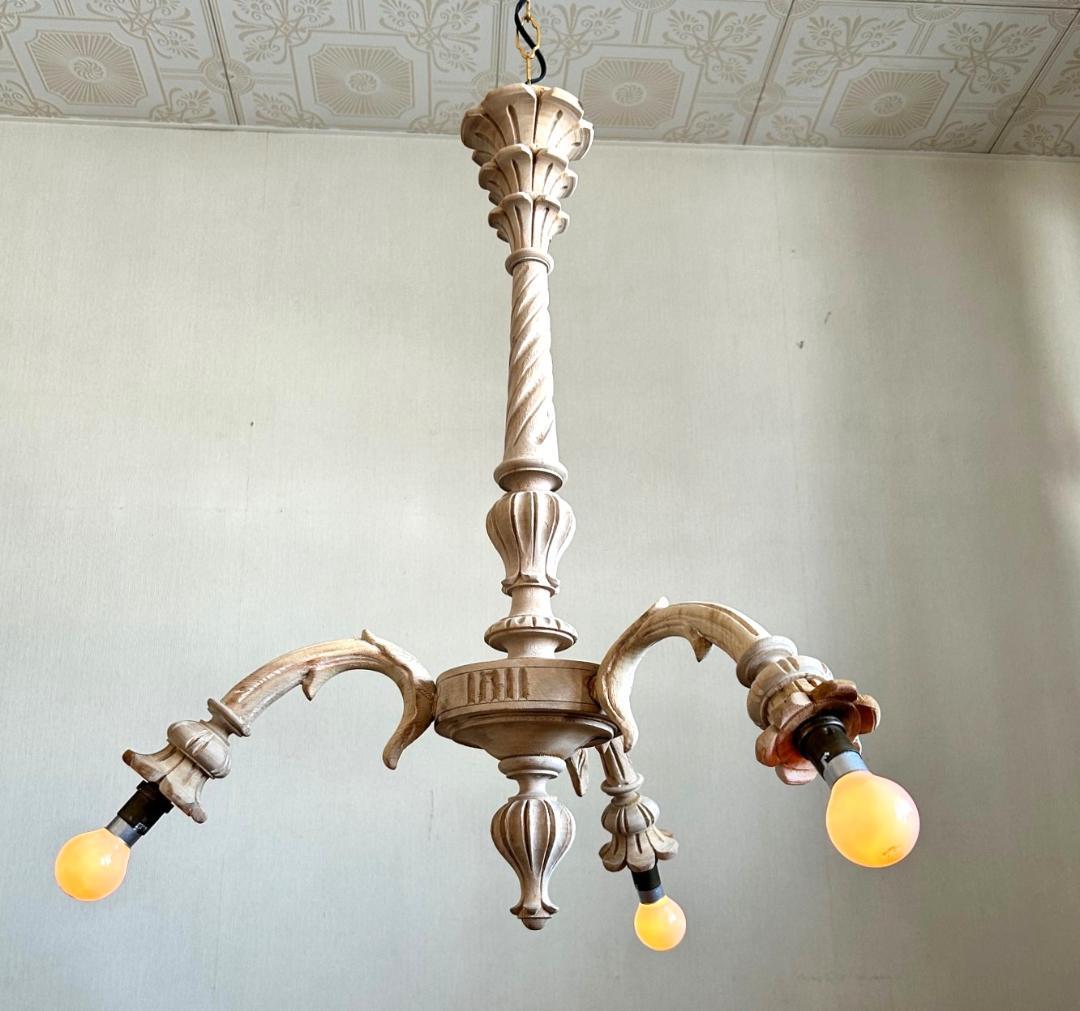 フランスアンティーク　木製シャンデリア　３灯　シャビー　店舗什器