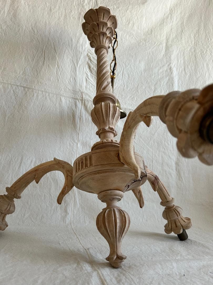 フランスアンティーク　木製シャンデリア　３灯　シャビー　店舗什器