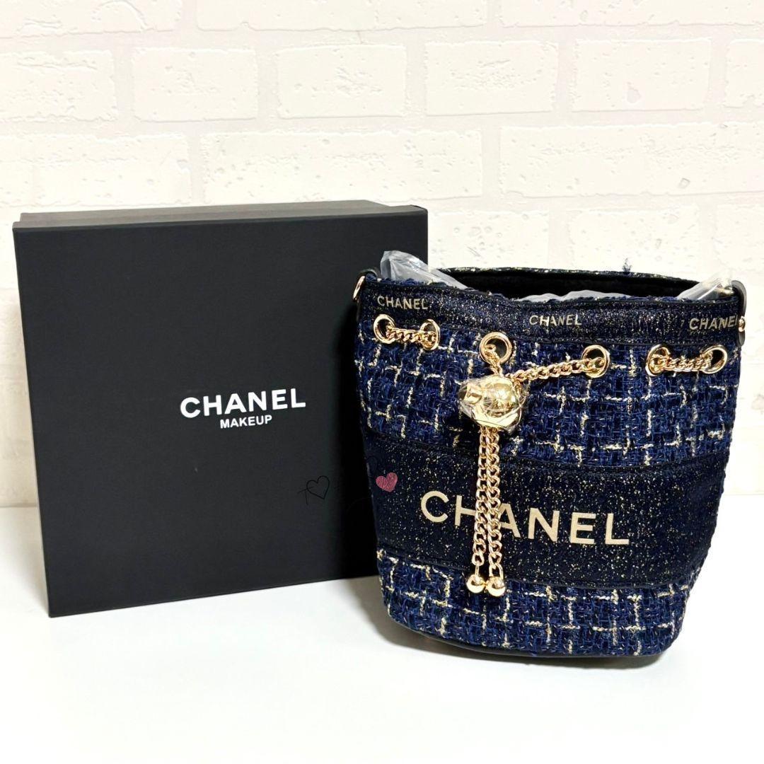 訳あり❤CHANEL❤ネイビーラメ巾着ショルダーバッグゴールドチェーン