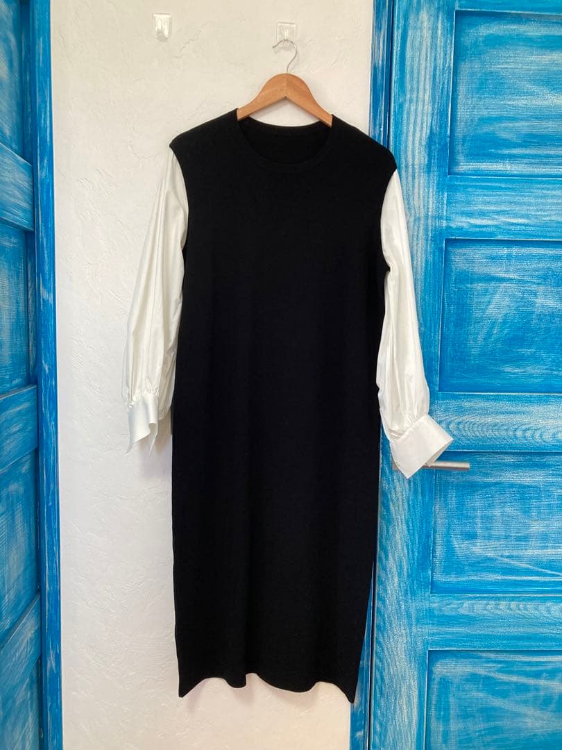 美品！ICB！洗える！クロスコンビ シャツドッキング ニットワンピース！黒