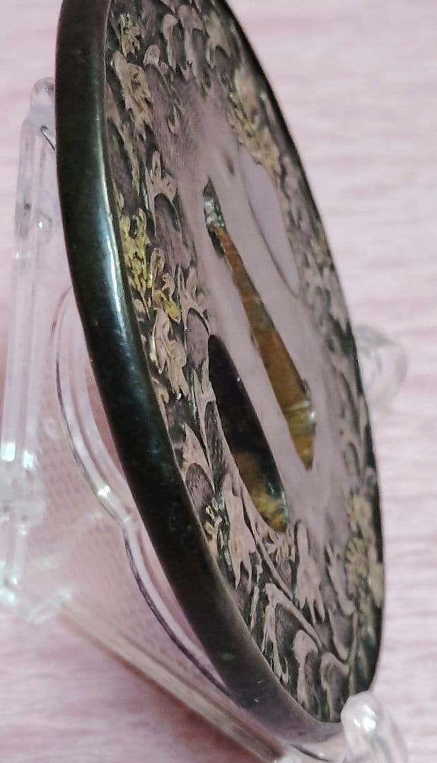 刀装具 鐔 鍔 無銘 銅地 魚々子地 真鍮象嵌 草花文様図 覆輪丸形鐔 時代物