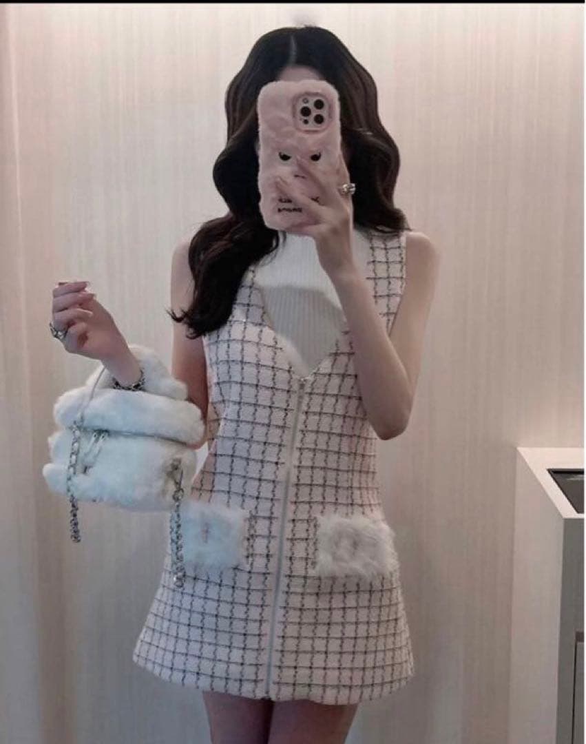 Darich フロントファスナーツイードミニワンピース