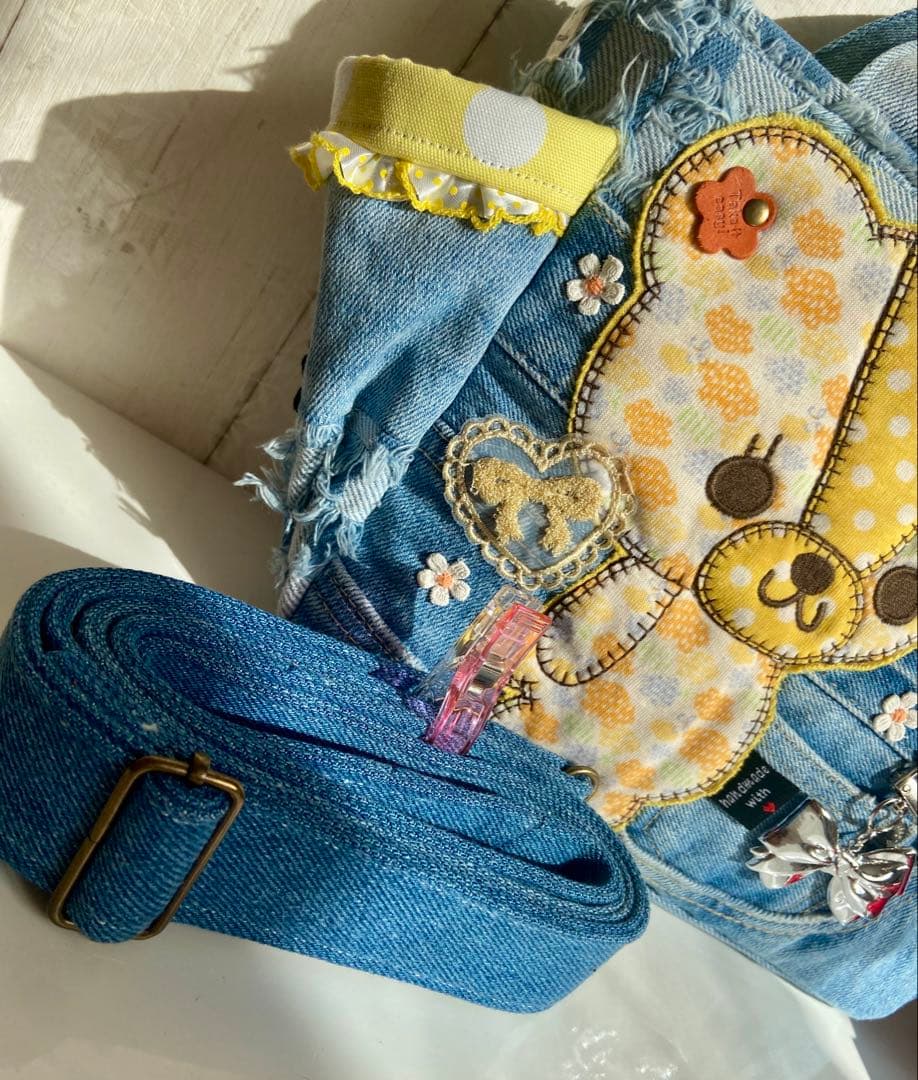 デニムリメイクバッグS yellowくまさん