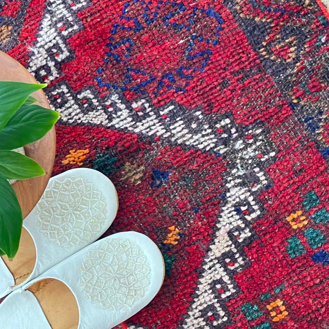 温かざっくり編み✳︎クリスマスレッド　　ロング　ランナー　トルコヴィンテージラグ