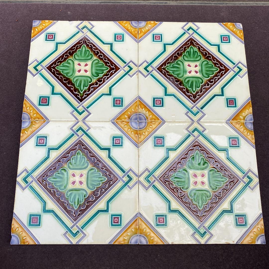 ハンドメイド日本製アンティークマジョリカタイル②４枚セット☆美の壷　プラナカン