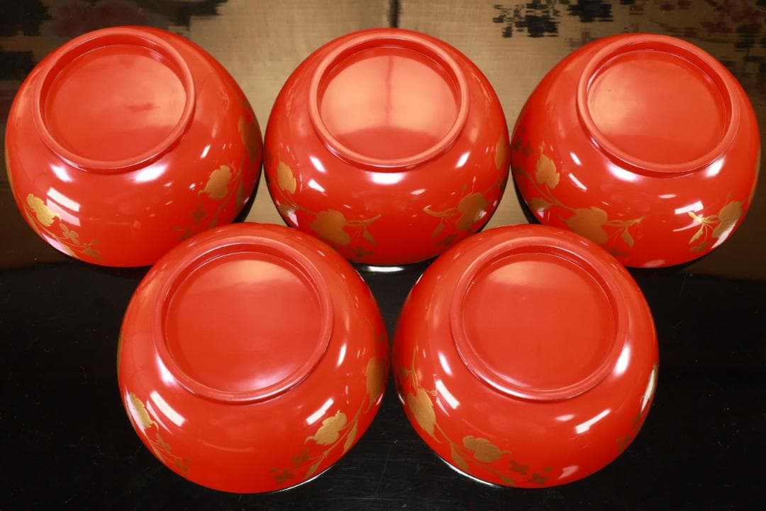 BK128　時代輪島塗　草花図金蒔絵　吸物椀　五客　木製　茶道具 懐石 菓子