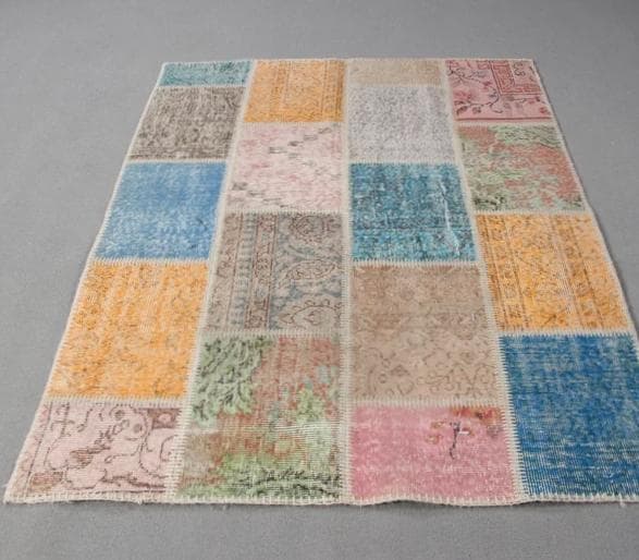 トルコ製ヴィンテージラグ915 レア 高級 ブルー イエロー パッチワーク