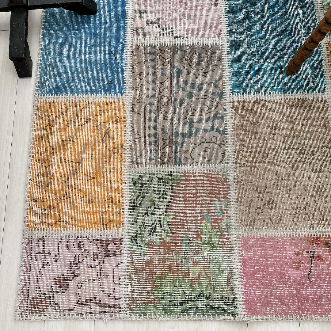 トルコ製ヴィンテージラグ915 レア 高級 ブルー イエロー パッチワーク