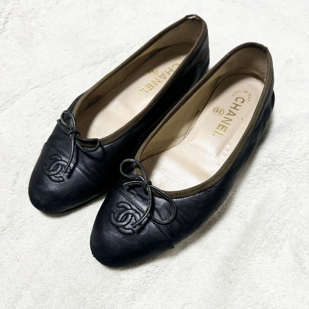 CHANEL シャネル　ブラックバレエシューズ　22cm ブラック　レザー　黒