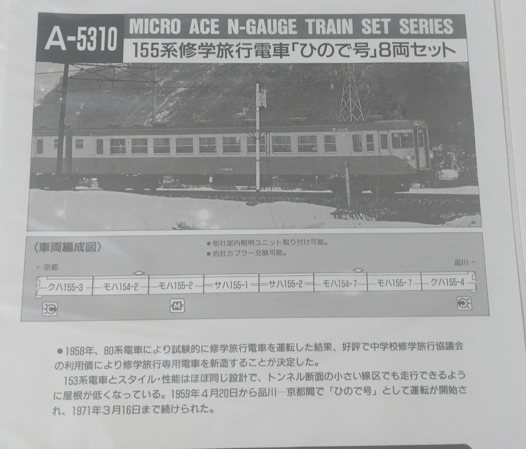 Nゲージ マイクロエース 国鉄１５５系修学旅行電車ひので号８両セット A５３１０